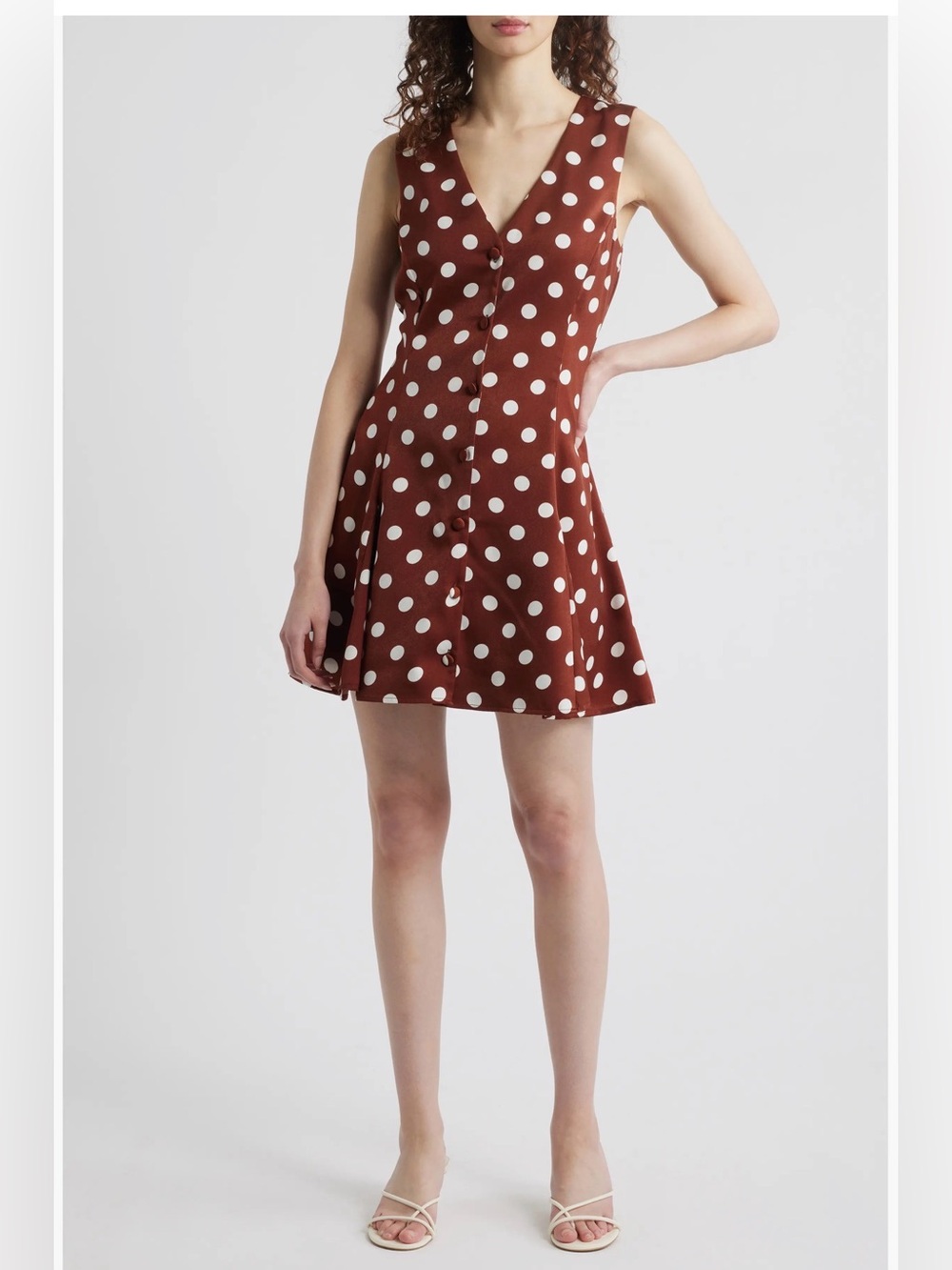Wayf Brown and White Polka Dot Button-Front Mini Dress